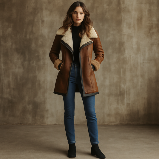 Women’s Shearling Leather Winter Coat – Warm Vintage Jacket
