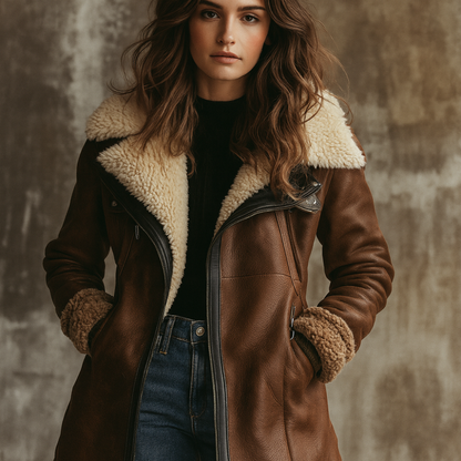 Women’s Shearling Leather Winter Coat – Warm Vintage Jacket