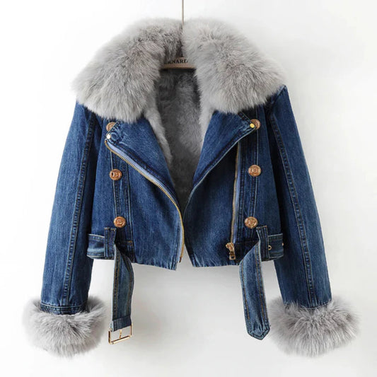 Women’s Short Denim Faux Fur Coat – Warm Stylish Winter Jacket