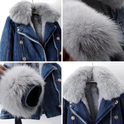 Women’s Short Denim Faux Fur Coat – Warm Stylish Winter Jacket