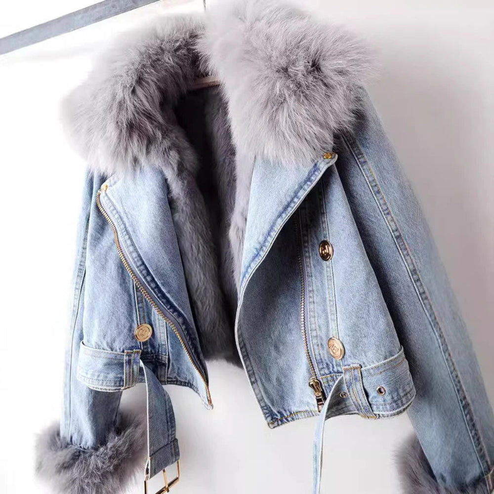 Women’s Short Denim Faux Fur Coat – Warm Stylish Winter Jacket