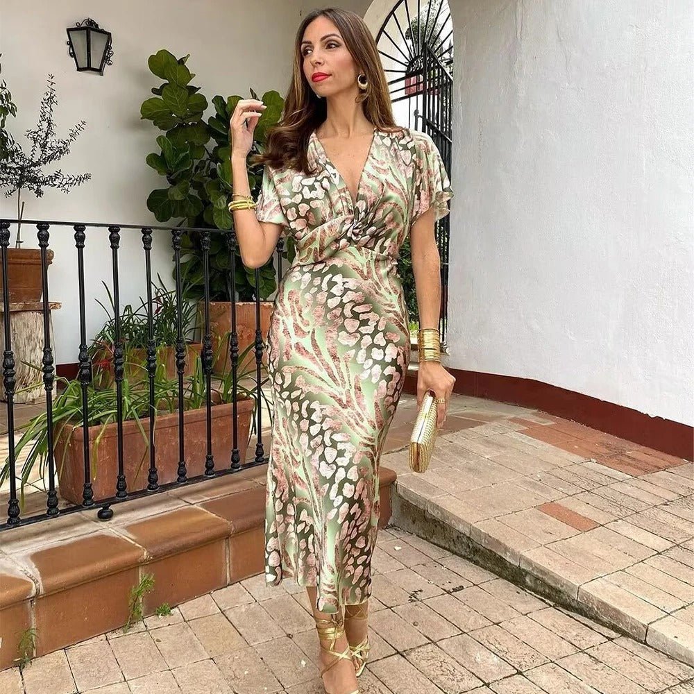 Women's Short Sleeve Wrap Floral Evening Dress - Midi