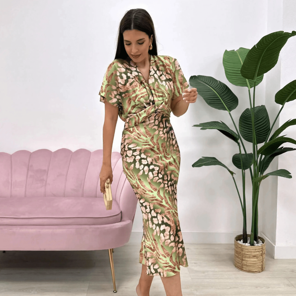 Women's Short Sleeve Wrap Floral Evening Dress - Midi