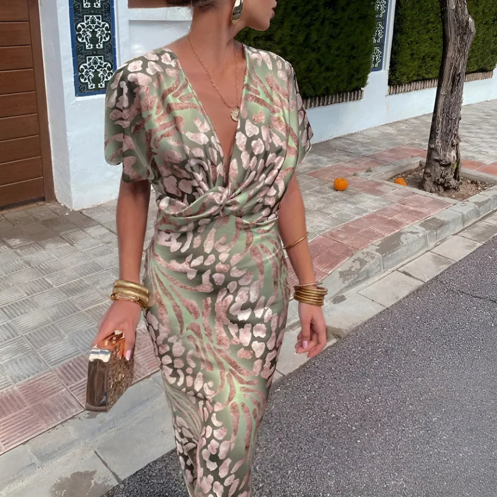 Women's Short Sleeve Wrap Floral Evening Dress - Midi