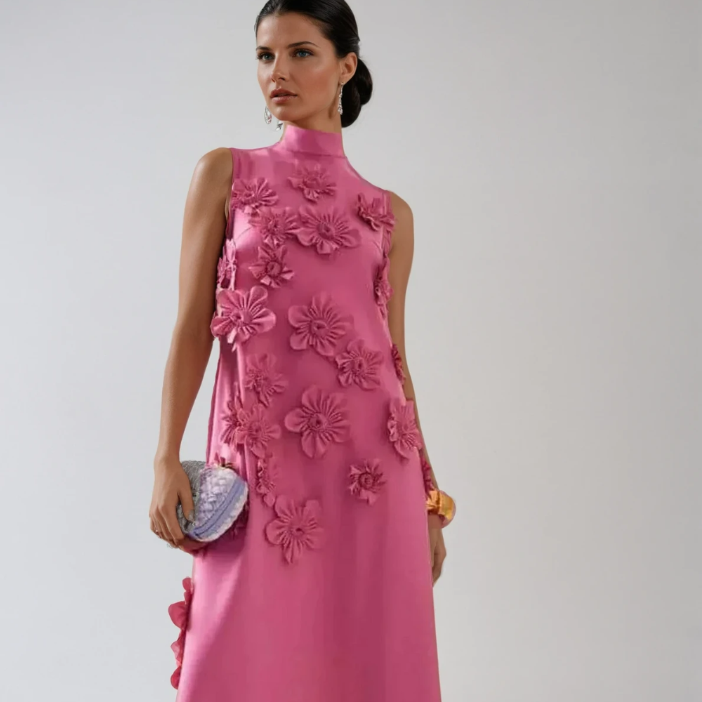 Women's Sleeveless Floral Applique Formal Dress - Maxi