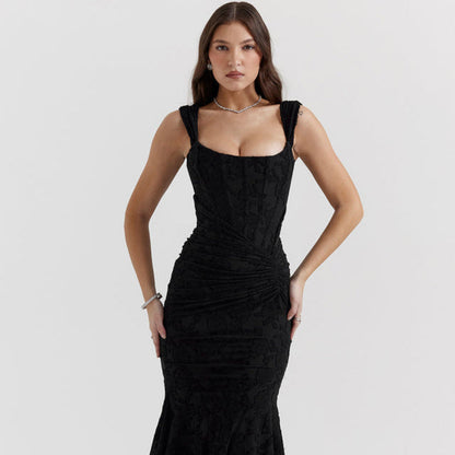 Women's Sleeveless Velvet Corset Formal Dress - Asymmetrical Maxi