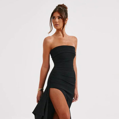 Women's Strapless Formal Evening Dress - High Slit Maxi