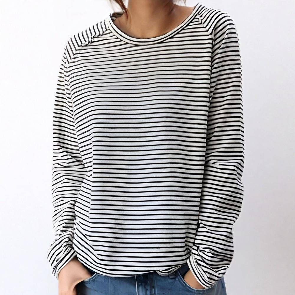Women's Striped Casual Long Sleeve Top - Relaxed Crew Neck