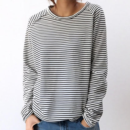 Women's Striped Casual Long Sleeve Top - Relaxed Crew Neck