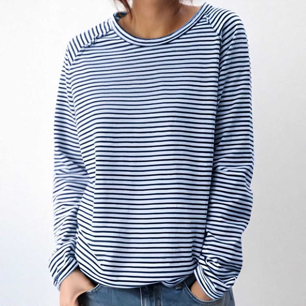 Women's Striped Casual Long Sleeve Top - Relaxed Crew Neck