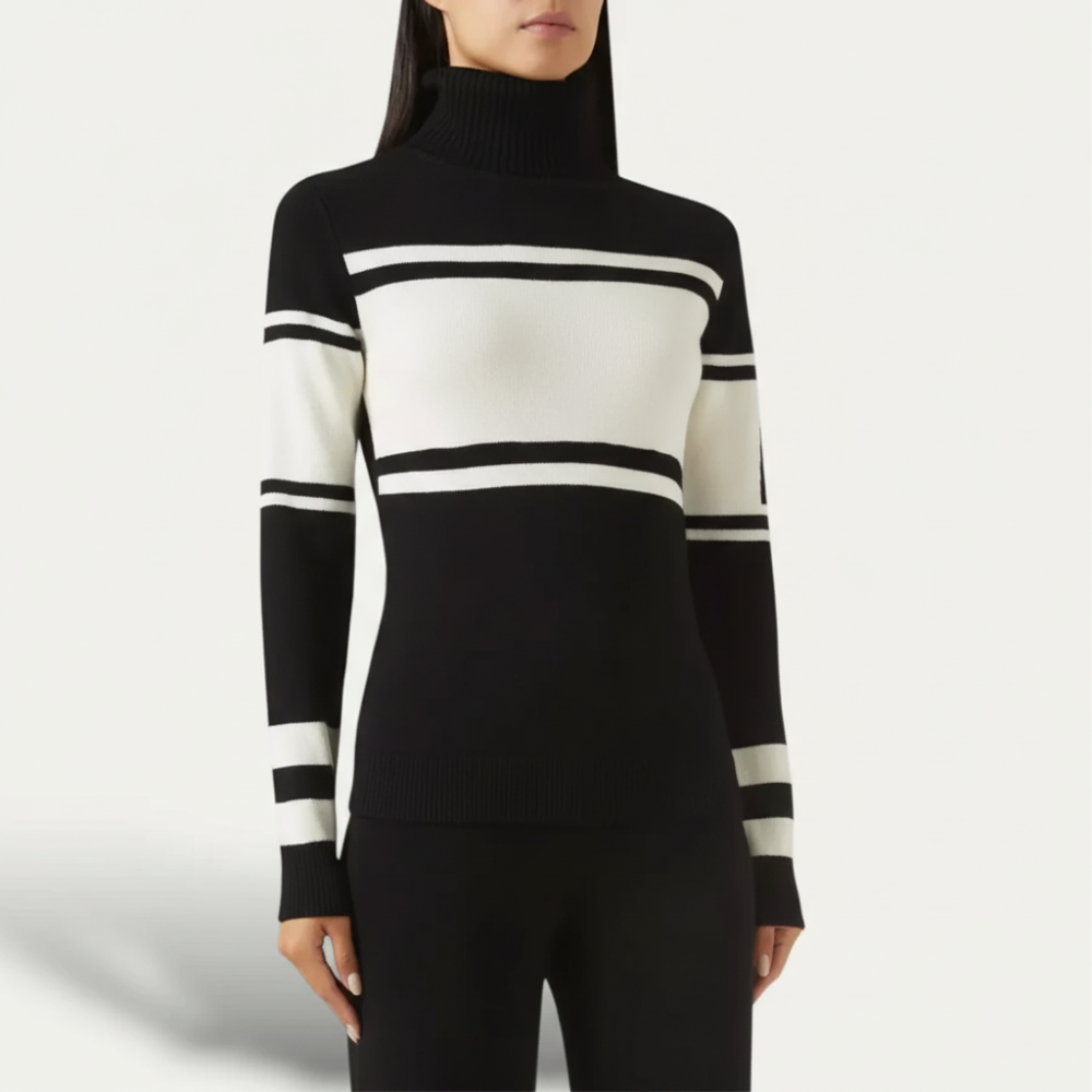 Women's Striped Turtleneck Long Sleeve Sweater - Fitted Knit