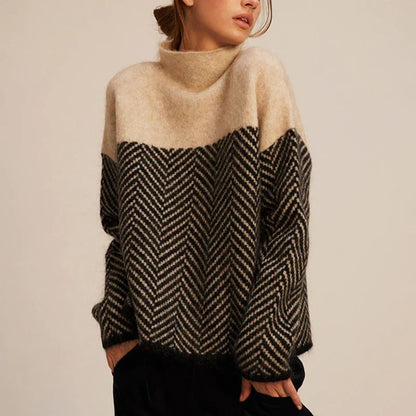 Women's Turtleneck Long Sleeve Chevron Pattern Sweater - Pullover