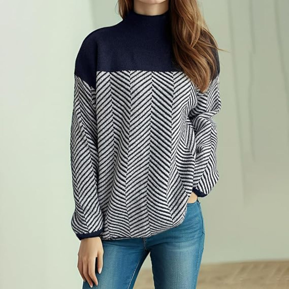 Women's Turtleneck Long Sleeve Chevron Pattern Sweater - Pullover