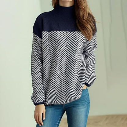 Women's Turtleneck Long Sleeve Chevron Pattern Sweater - Pullover