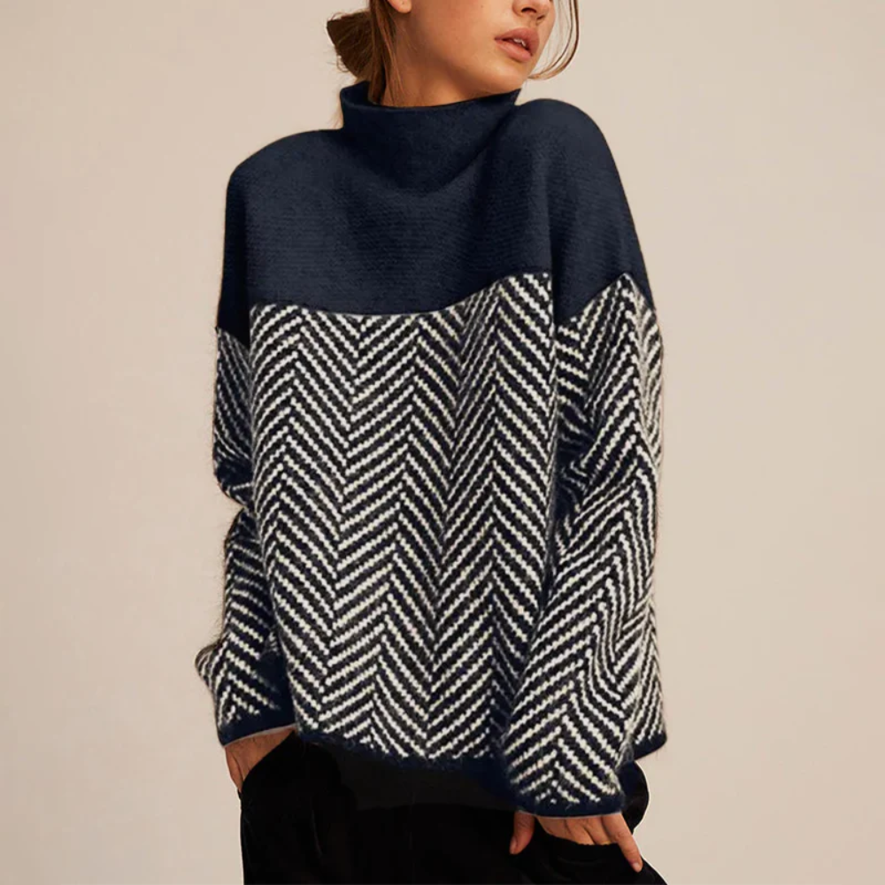 Women's Turtleneck Long Sleeve Chevron Pattern Sweater - Pullover