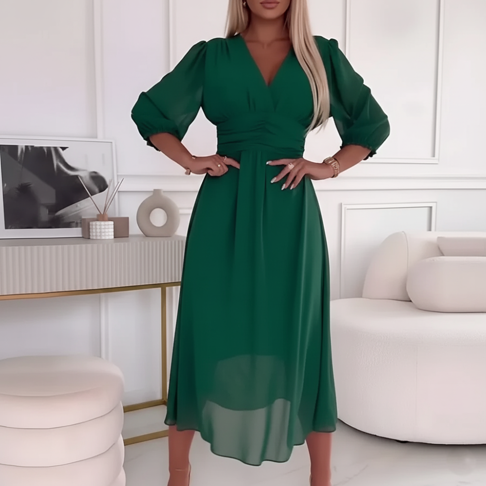 Women's V Neck Puffy Sleeve Formal Dress - 3/4 Sleeve Midi