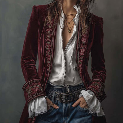 Women's Velvet Long Jacket Floral Embroidery Elegant Outerwear 4