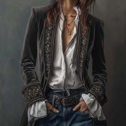 Women's Velvet Long Jacket Floral Embroidery Elegant Outerwear 6