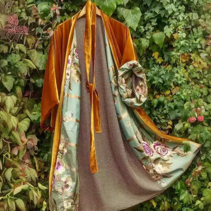 Women's Velvet Mid-Length Coat - Paisley Lined Belted