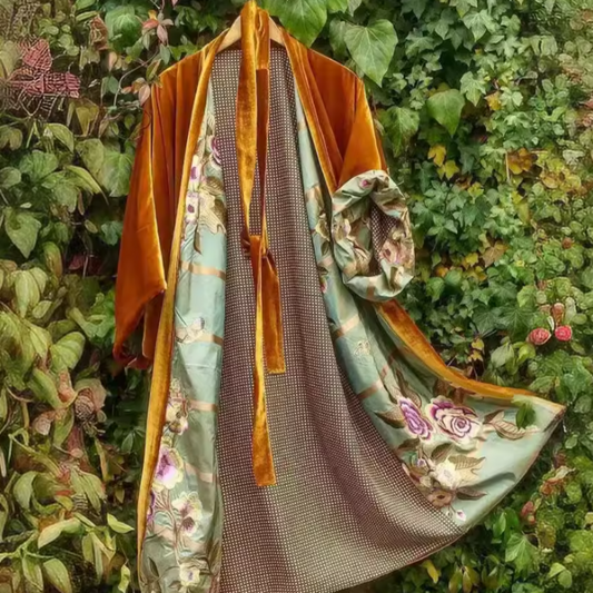 Women's Velvet Mid-Length Coat - Paisley Lined Belted