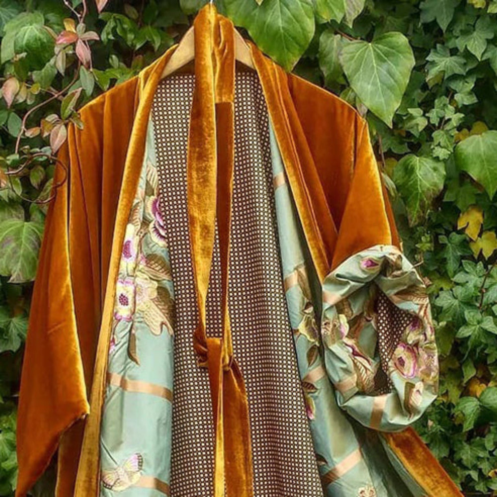 Women's Velvet Mid-Length Coat - Paisley Lined Belted