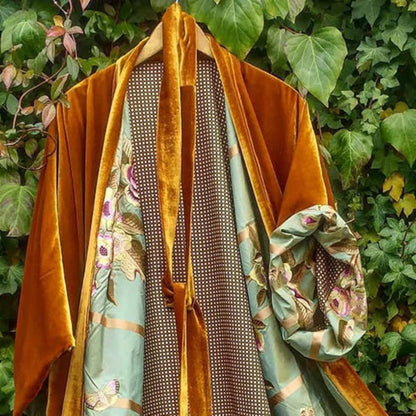 Women's Velvet Mid-Length Coat - Paisley Lined Belted