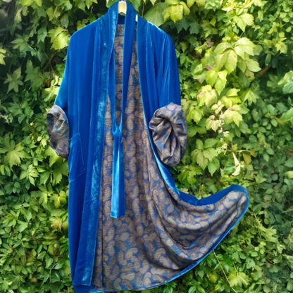 Women's Velvet Mid-Length Coat - Paisley Lined Belted