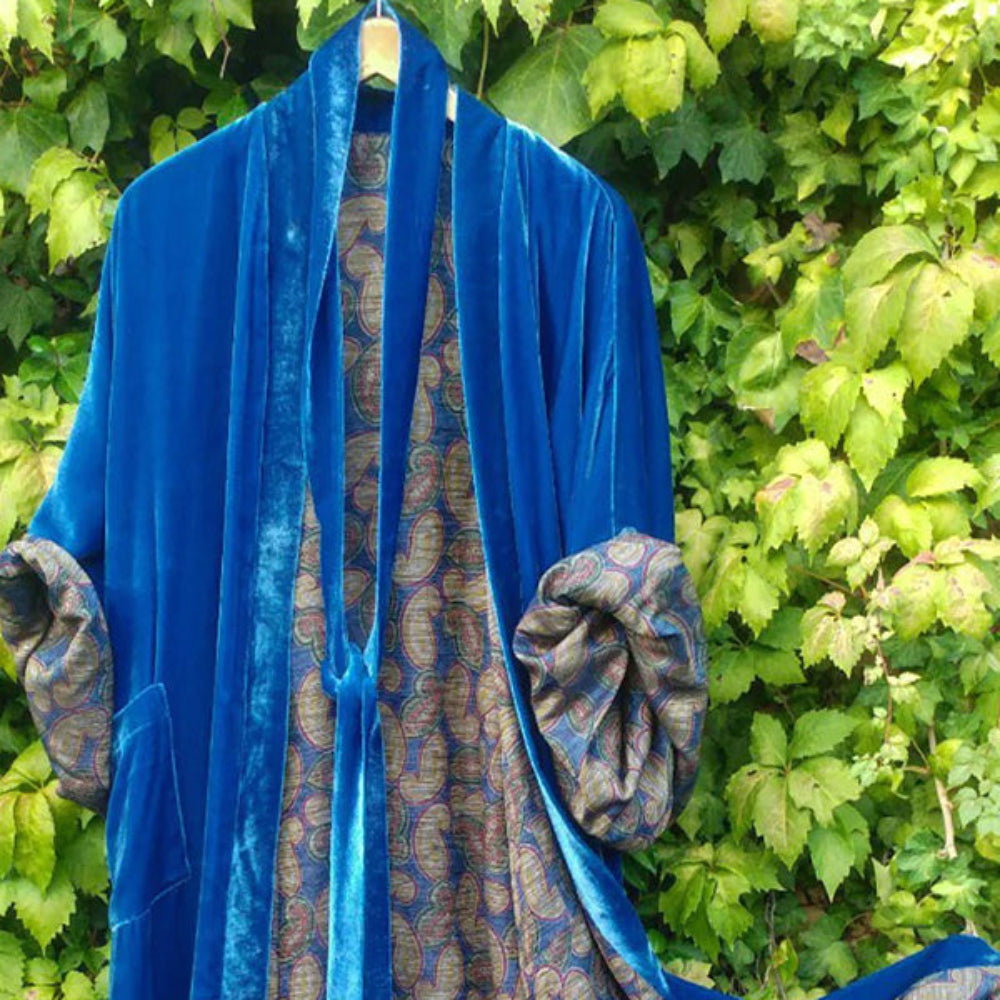 Women's Velvet Mid-Length Coat - Paisley Lined Belted