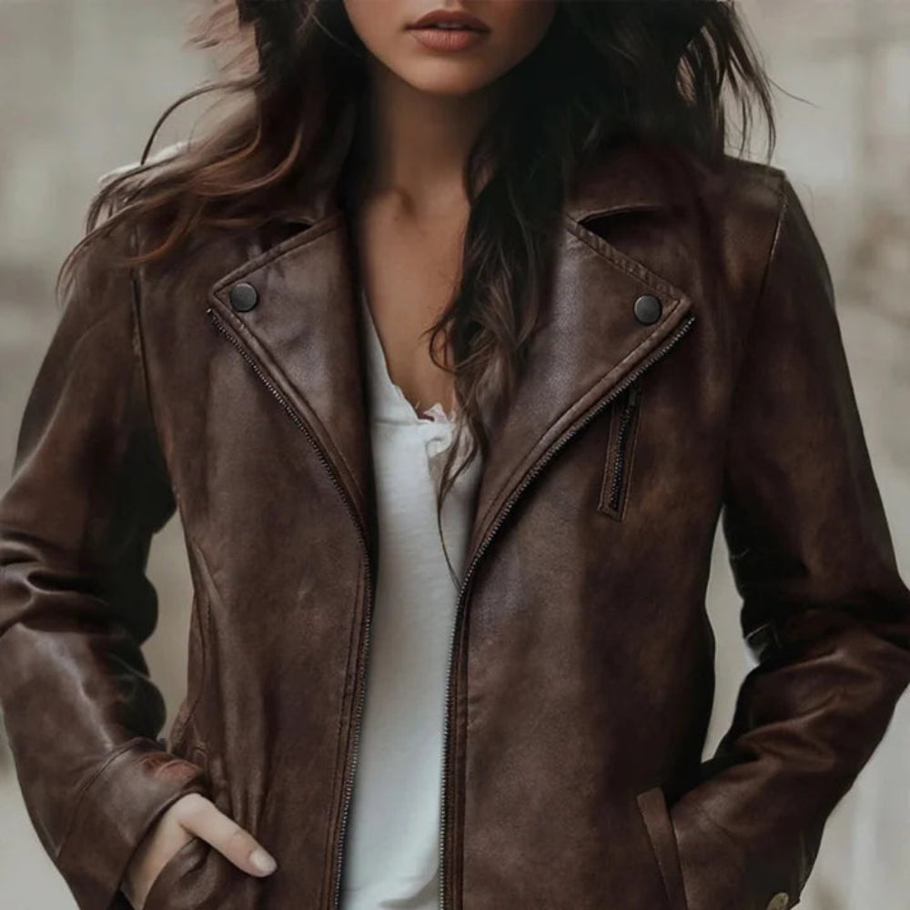 Women's Vintage Biker Faux Leather Jacket - Zipper Detail