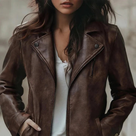 Women's Vintage Biker Faux Leather Jacket - Zipper Detail