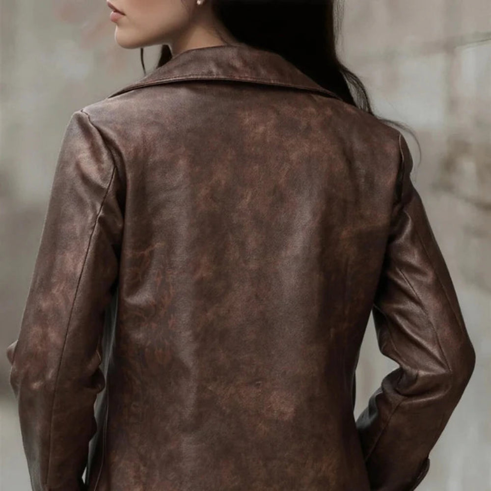 Women's Vintage Biker Faux Leather Jacket - Zipper Detail