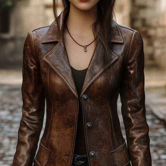 Women's Vintage Leather Jacket - Tailored Fit Double Button