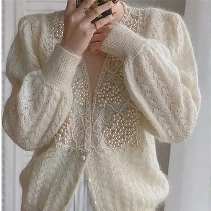 Women's Winter Knit Coat Beige V Neck Pearl Button Long Sleeve 3
