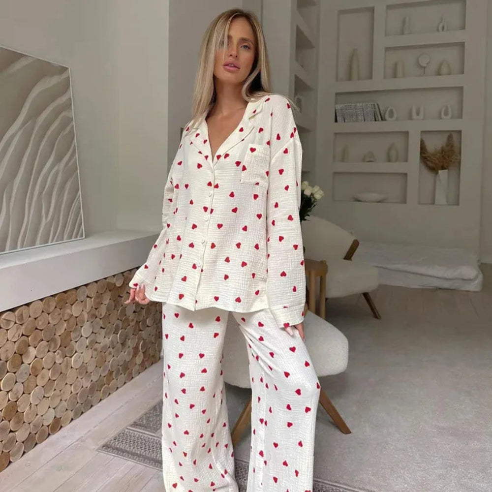 Womens Heart Print Pajama Set - Long Sleeve Button Up