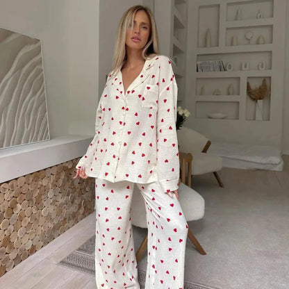 Womens Heart Print Pajama Set - Long Sleeve Button Up