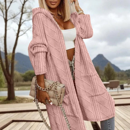 Women's Long Cable Knit Cardigan - Hooded Open Front