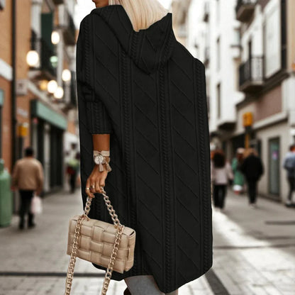 Women's Long Cable Knit Cardigan - Hooded Open Front