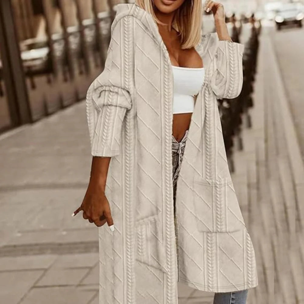 Women's Long Cable Knit Cardigan - Hooded Open Front