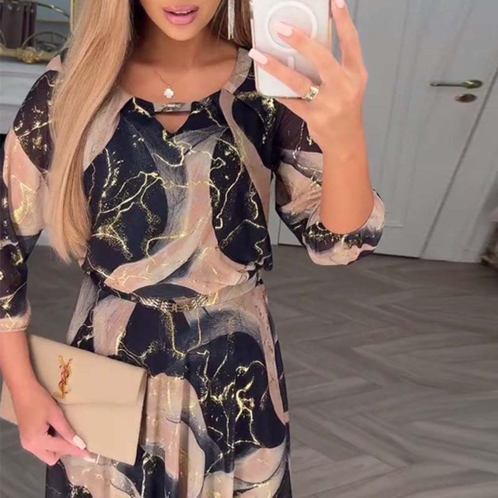 Womens Long Sleeve Abstract Evening Dress - Belted Maxi