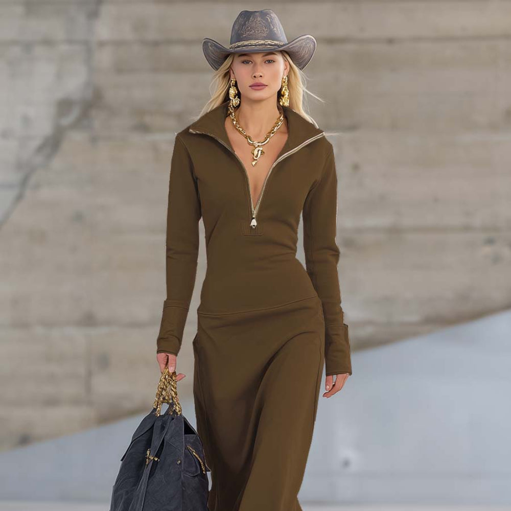 Women's Long Sleeve Formal Zip Front Dress - Fitted Midi