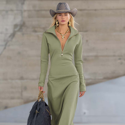 Women's Long Sleeve Formal Zip Front Dress - Fitted Midi