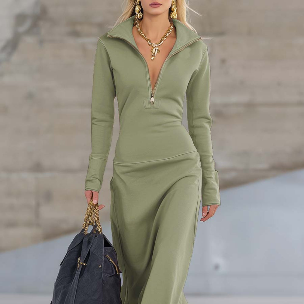 Women's Long Sleeve Formal Zip Front Dress - Fitted Midi