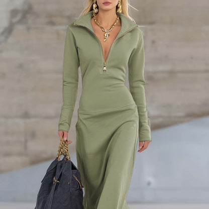 Women's Long Sleeve Formal Zip Front Dress - Fitted Midi