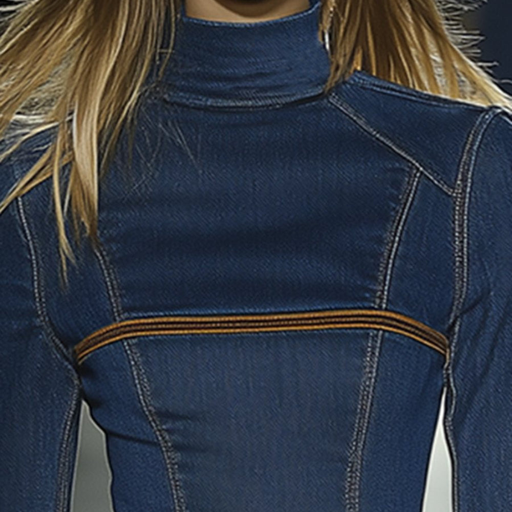 Womens Long Sleeve Turtleneck Bodycon Denim Dress - Mini