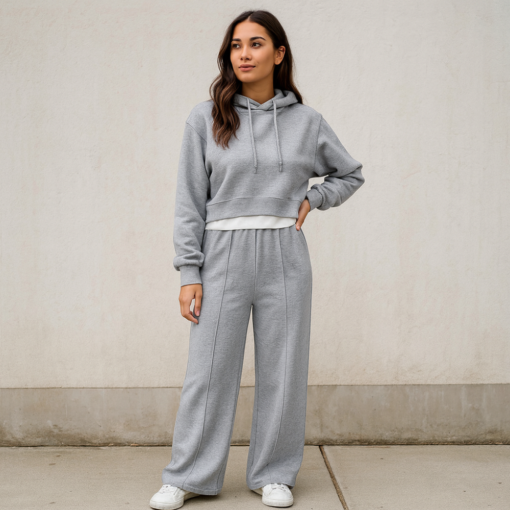Womens Two Piece Cropped Hoodie Tracksuit Set - Wide Leg