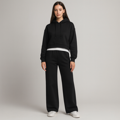 Womens Two Piece Cropped Hoodie Tracksuit Set - Wide Leg