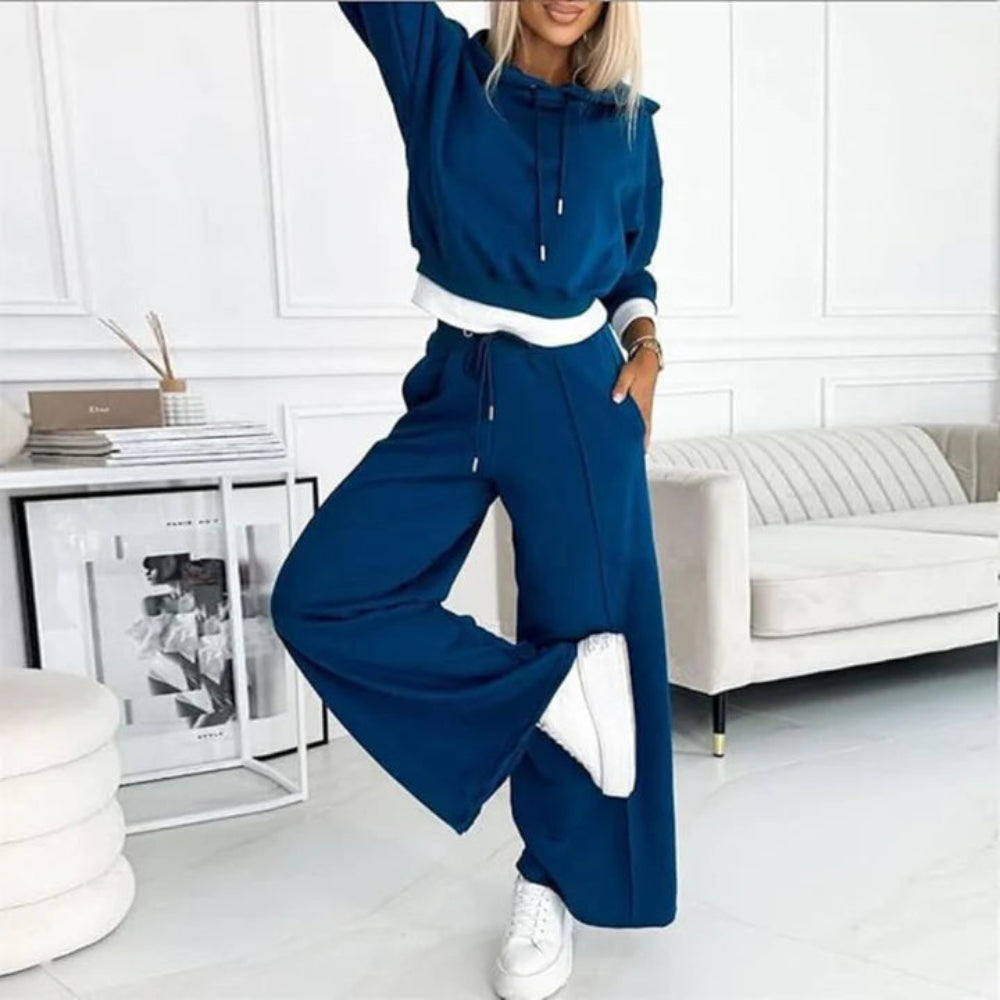 Womens Two Piece Cropped Hoodie Tracksuit Set - Wide Leg