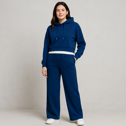 Womens Two Piece Cropped Hoodie Tracksuit Set - Wide Leg