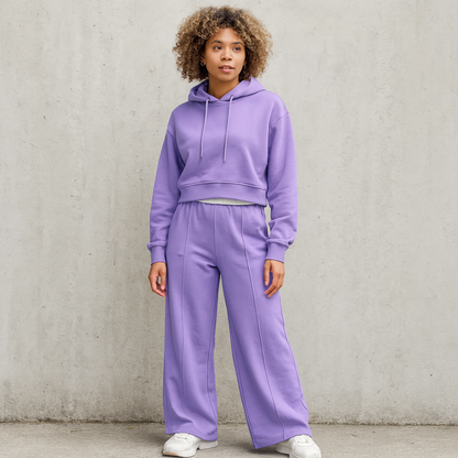 Womens Two Piece Cropped Hoodie Tracksuit Set - Wide Leg