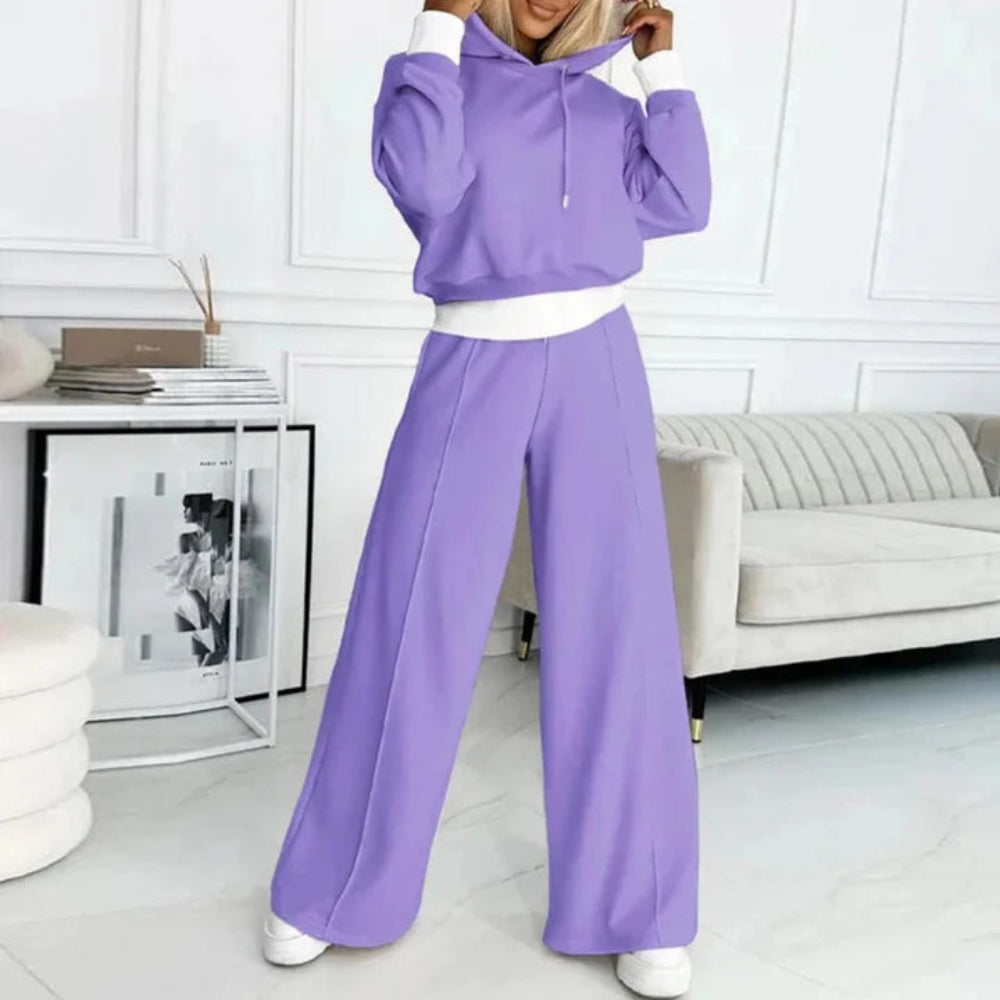 Womens Two Piece Cropped Hoodie Tracksuit Set - Wide Leg